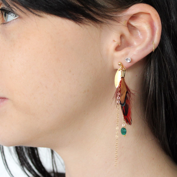 Orecchini con piume e pietre di smeraldo imitato Orecchini con piume e pietre di smeraldo imitato