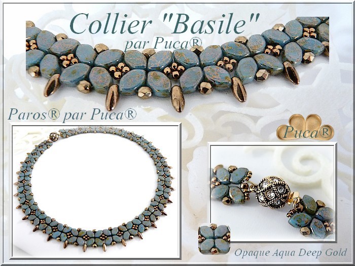 Schéma collier Basile en perle en verre Paros aqua deep gold par Puca Schéma collier Basile en perle en verre Paros aqua deep gold par Puca