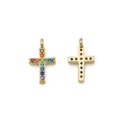 Ciondolo a croce in ossido di zirconio 11,5x7 mm - Dorato con oro fino - Multicolore x1