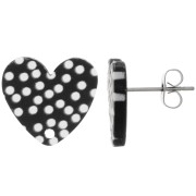 Orecchini perno cuore in acrilico 14x15,5 mm - Motivo a pois - Nero - Bianco x2