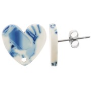 Orecchini perno cuore in acrilico 14x15,5 mm - Blu marmorizzato - Bianco x2