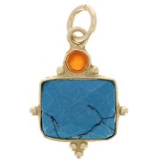 Ciondolo rettangolare 8x10 mm in turchese imitato e cabochon 3 mm in onice rossa - Dorato con oro fino