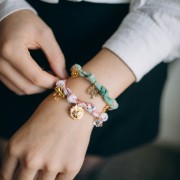 Bracciale in tessuto a fiori legati con 3 anelli - Acciaio inossidabile 304L Dorato - Bianco x18cm