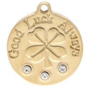 Ciondolo rotondo da 18 mm con trifoglio Good Luck Always e strass - Acciaio inossidabile 304 Gold