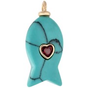 Ciondolo a forma di pesce 28x13 mm con cuore in CZ e imitazione di pietra preziosa - Turchese x1