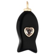 Ciondolo a forma di pesce 26x12 mm con cuore e pietra preziosa - Ossidiana nera x1