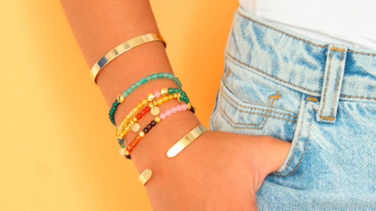 Stacking Bracelets élastiques en pierres gemmes et joncs en métal