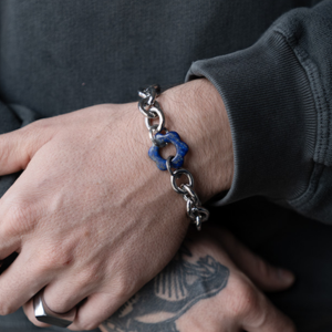 bracelet grosse maille acier inox avec pendentif pierre gemme Lapis Lazuli