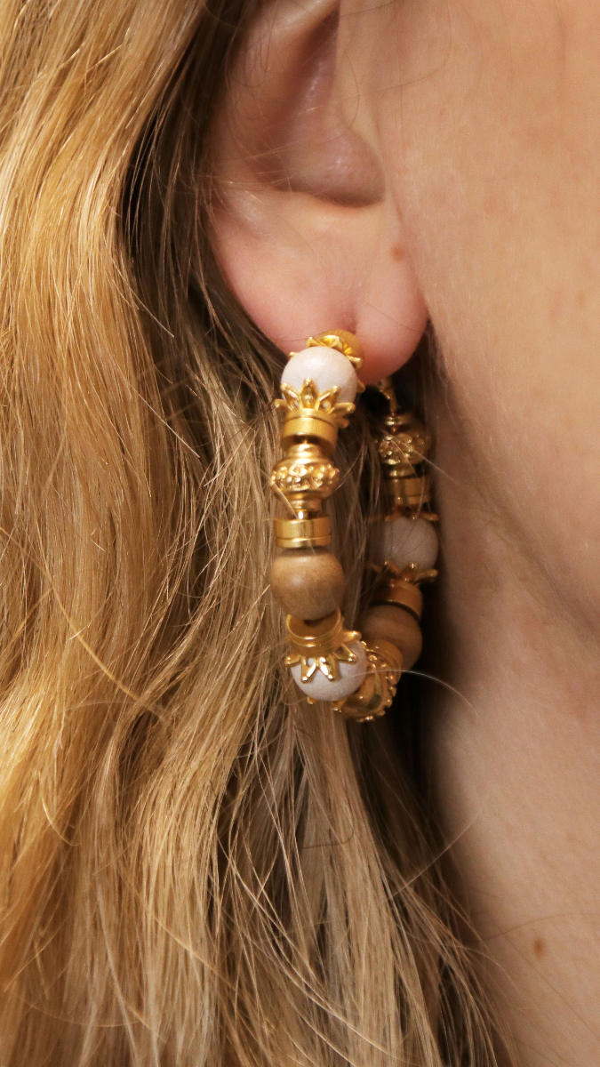 Schema Orecchini creoli traforati con perle di legno e perle dorate Schema Orecchini creoli traforati con perle di legno e perle dorate