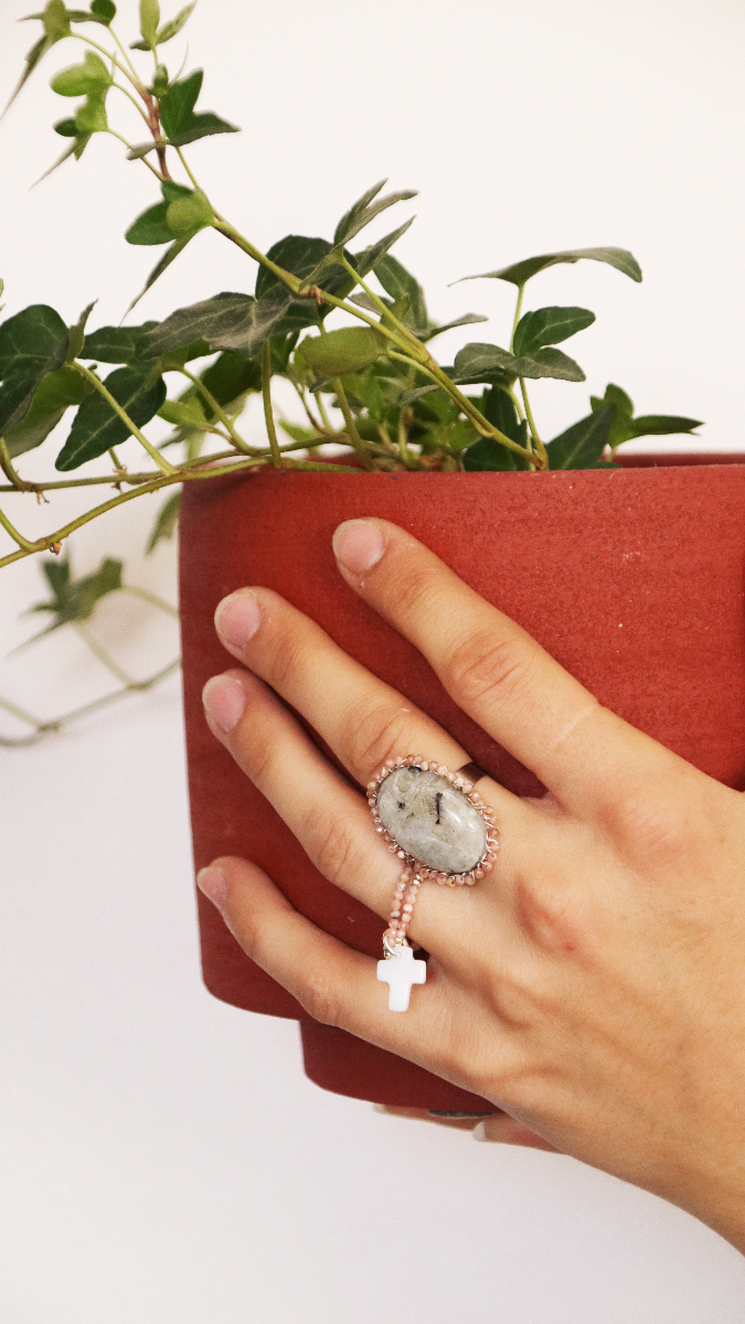 Schema Anello fai da te in labradorite e pietra preziosa Miyuki a forma di scarabeo Schema Anello fai da te in labradorite e pietra preziosa Miyuki a forma di scarabeo