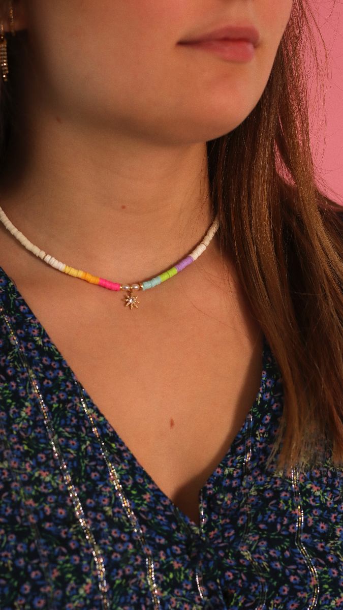 Schema Collana stile surfista Heishi con charm in zirconi multicolori! Schema Collana stile surfista Heishi con charm in zirconi multicolori!