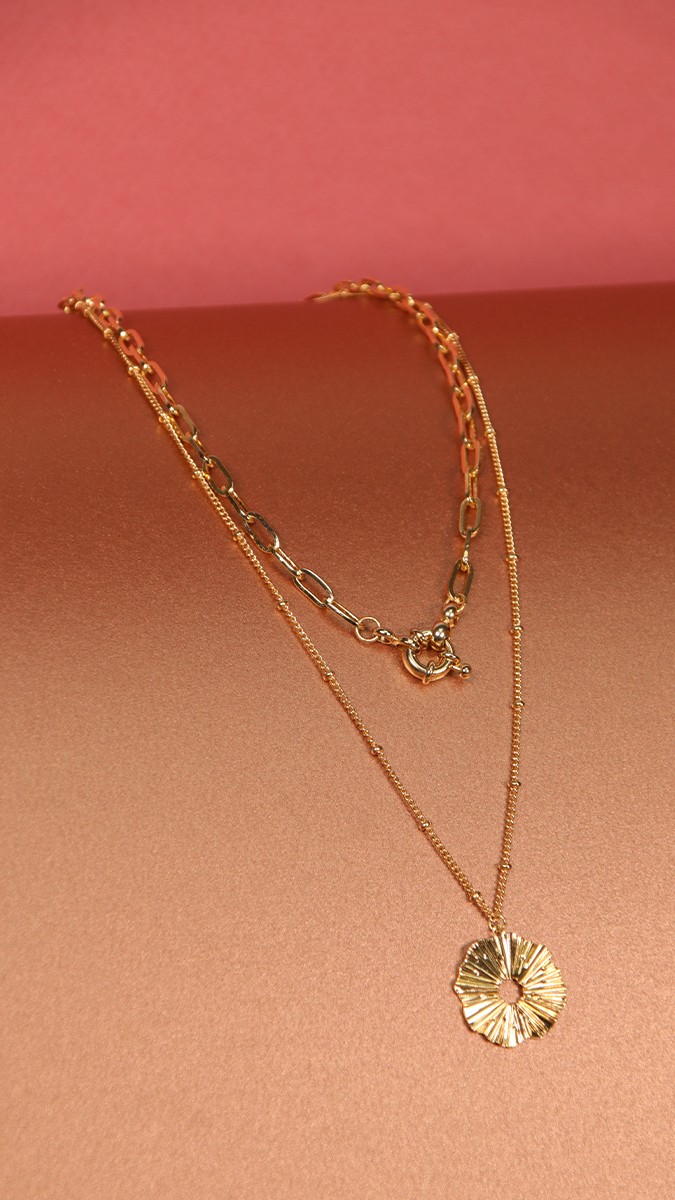 Schema Collana doppia a più file in oro con pendente rotondo a effetto plissé e chiusura a boa Schema Collana doppia a più file in oro con pendente rotondo a effetto plissé e chiusura a boa