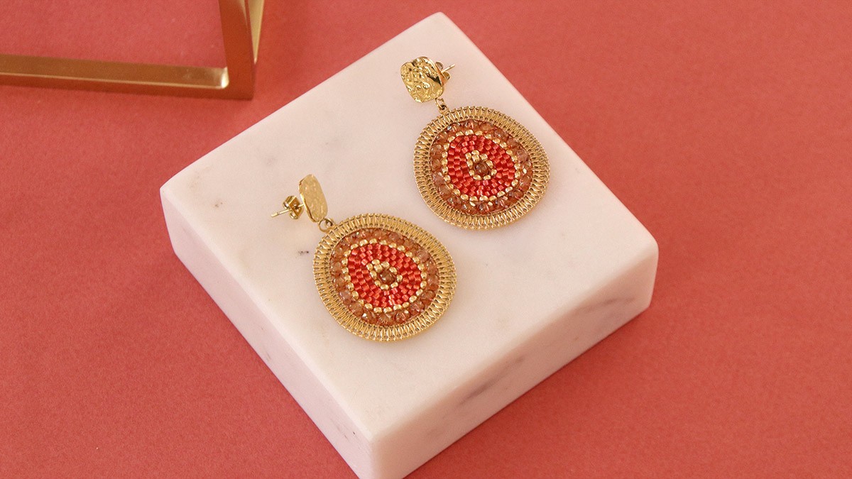 Schema Orecchini Miyuki arancioni con perle sfaccettate e intreccio di geodi Schema Orecchini Miyuki arancioni con perle sfaccettate e intreccio di geodi