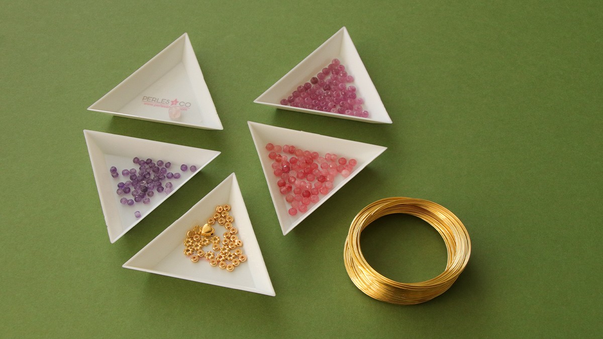 Bracciale multigiro, perle di pietra naturale rosa e malva : Tappa 1 Bracciale multigiro, perle di pietra naturale rosa e malva : Tappa 1