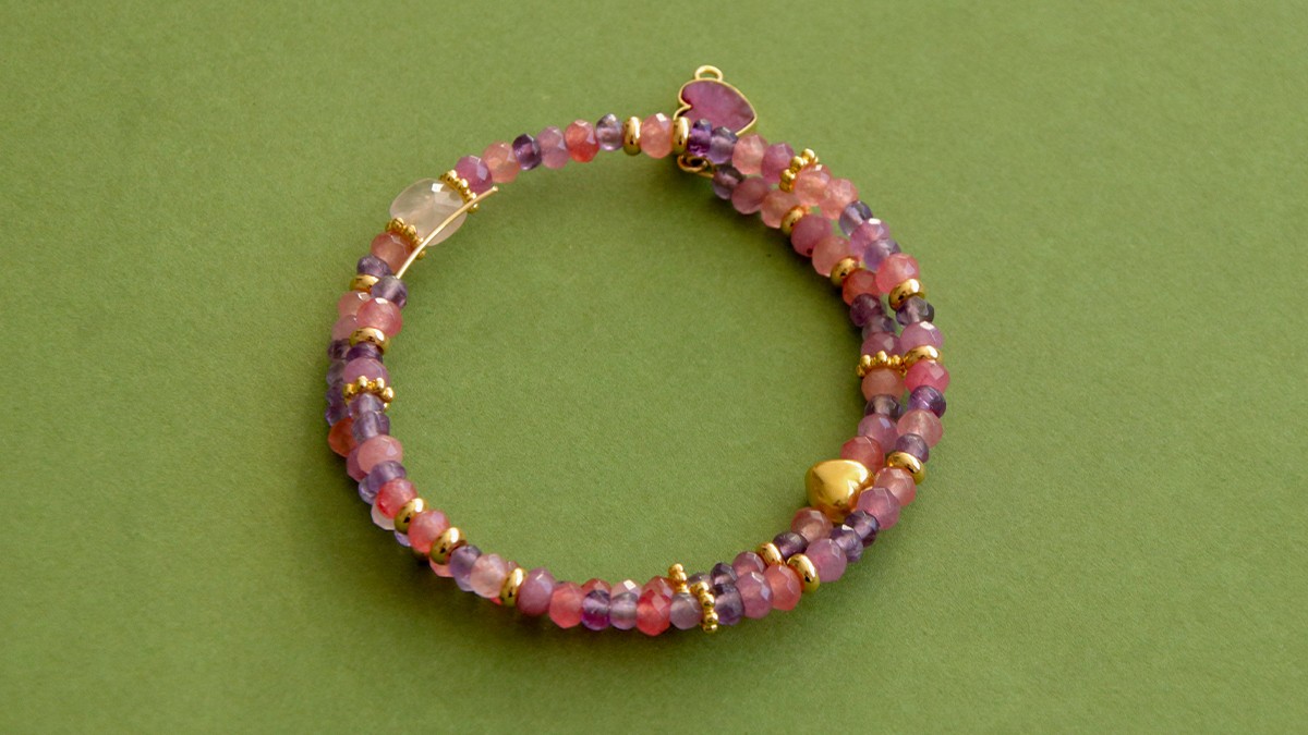 Bracciale multigiro, perle di pietra naturale rosa e malva : Tappa 6 Bracciale multigiro, perle di pietra naturale rosa e malva : Tappa 6