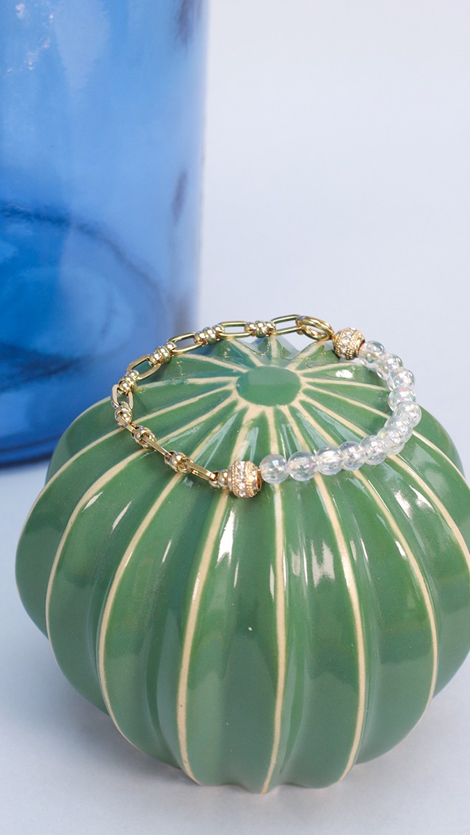 Schema Mezzo bracciale con perline a bolle trasparenti e catena Schema Mezzo bracciale con perline a bolle trasparenti e catena