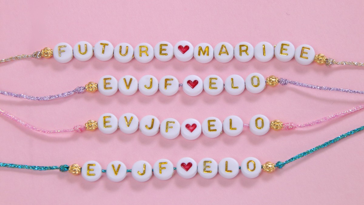 Schema Braccialetti per addio al nubilato con filo metallizzato e perline con lettere Schema Braccialetti per addio al nubilato con filo metallizzato e perline con lettere