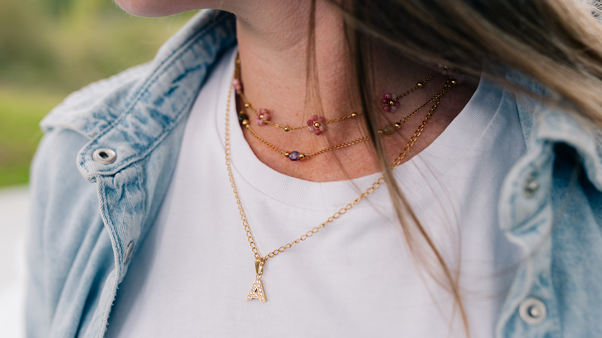 Schema Collane con pietre naturali e charm a forma di lettera Schema Collane con pietre naturali e charm a forma di lettera