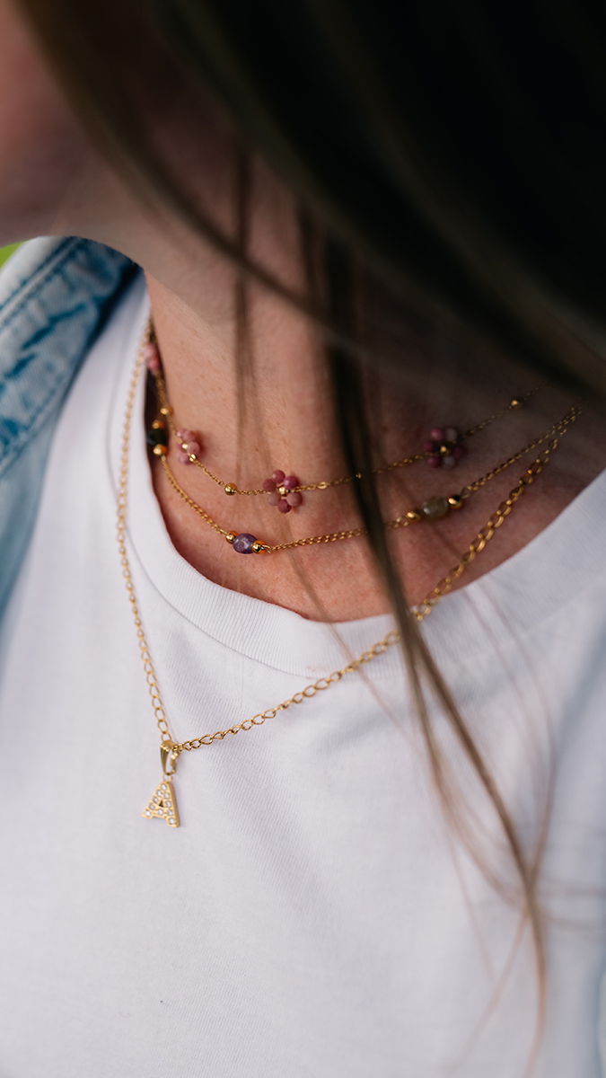 Schema Collane con pietre naturali e charm a forma di lettera Schema Collane con pietre naturali e charm a forma di lettera