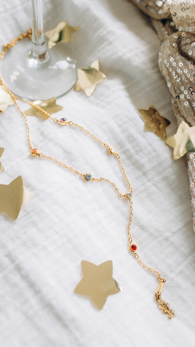 Schema Collana a cascata con zirconi e pompon in acciaio inossidabile Schema Collana a cascata con zirconi e pompon in acciaio inossidabile