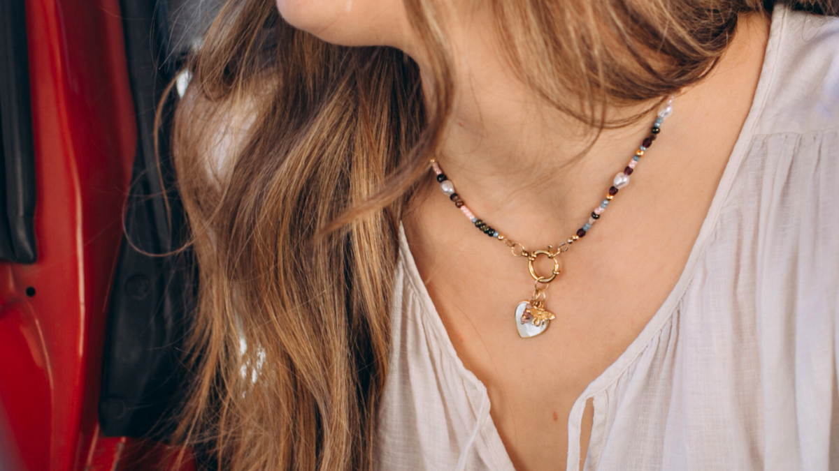 Schema DIY Collana di perle in acciaio inossidabile, chiusura e pendente a forma di cuore Schema DIY Collana di perle in acciaio inossidabile, chiusura e pendente a forma di cuore